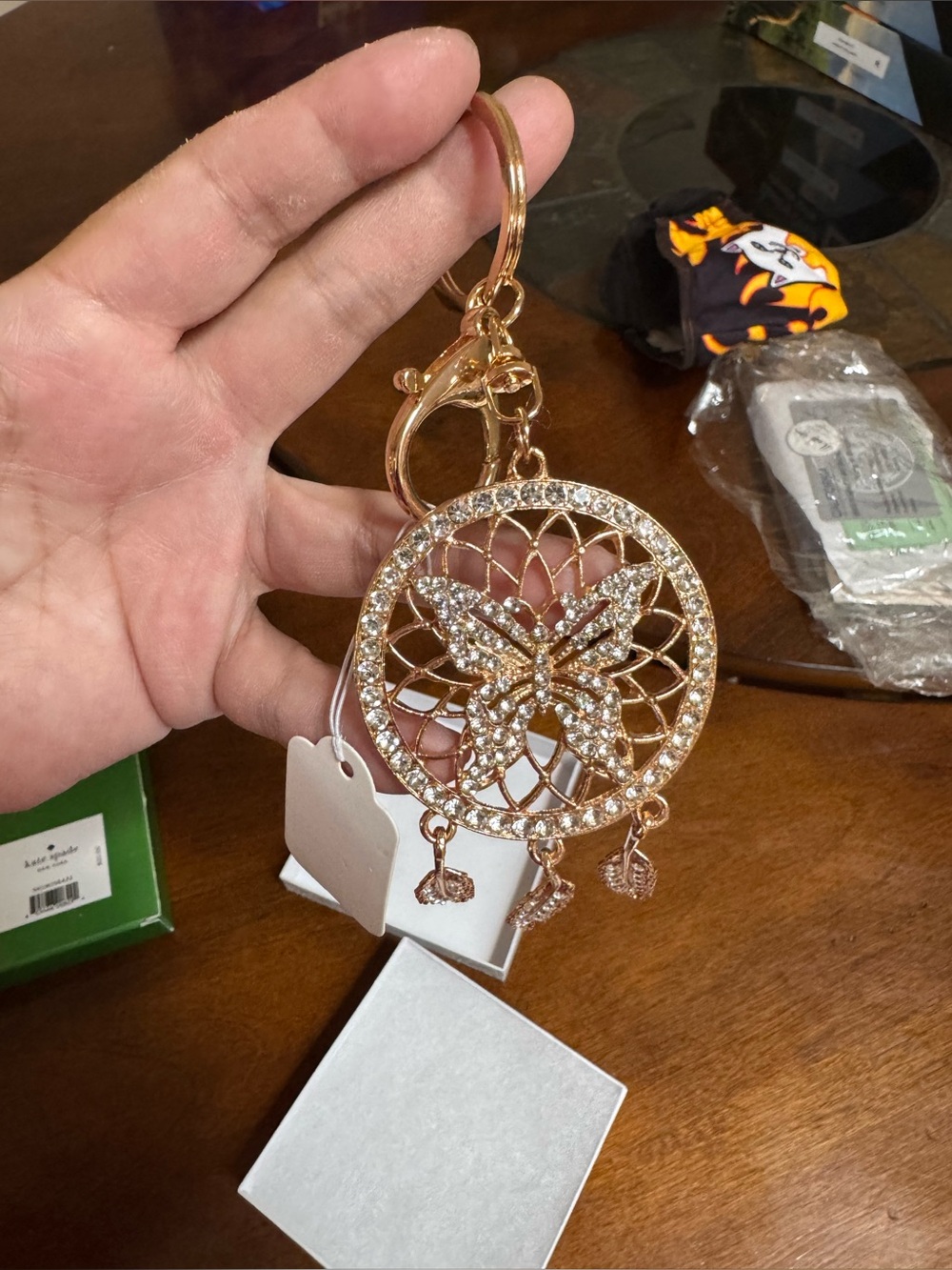 Dream Catcher Key Ring Gold Metal Clear Rhinestone Keychain